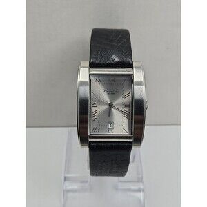 Kenneth Cole Mens Tank Date Dress 32mm Watch Silver Tone Leather New Battery